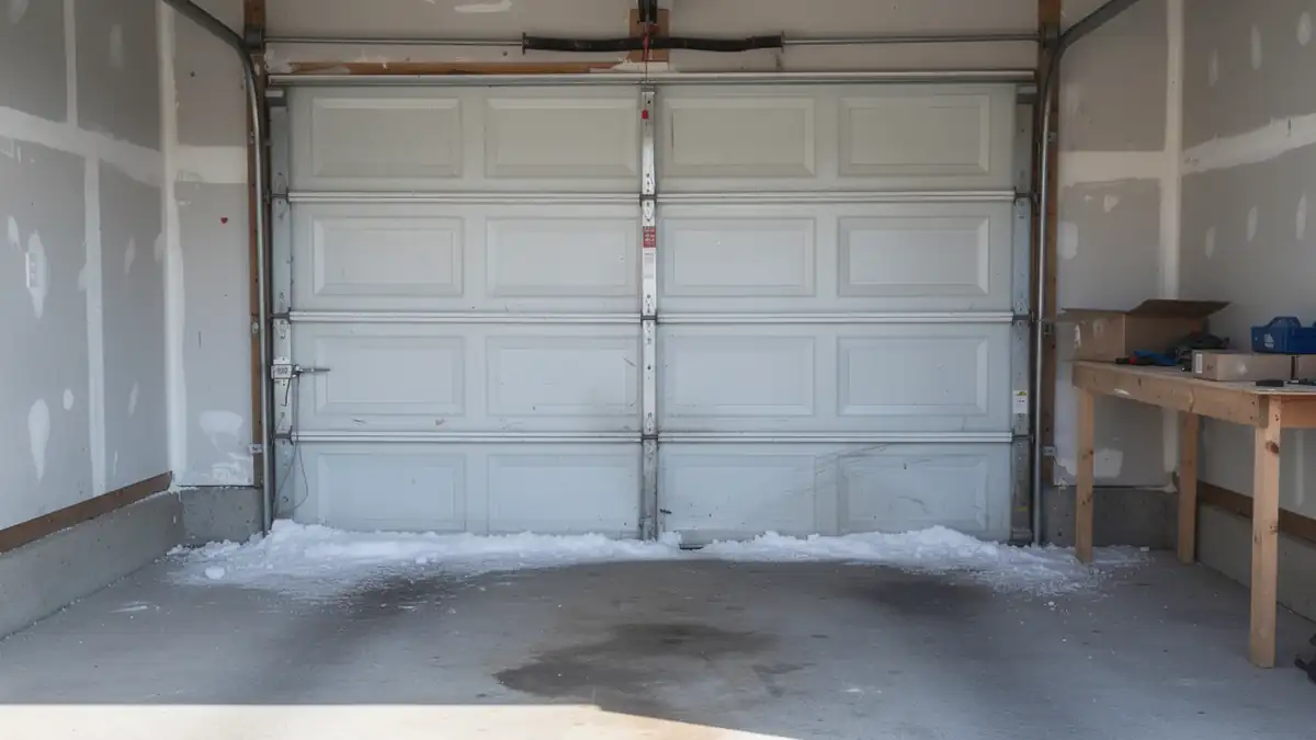 A white garage door is closed with snow and water on the floor.