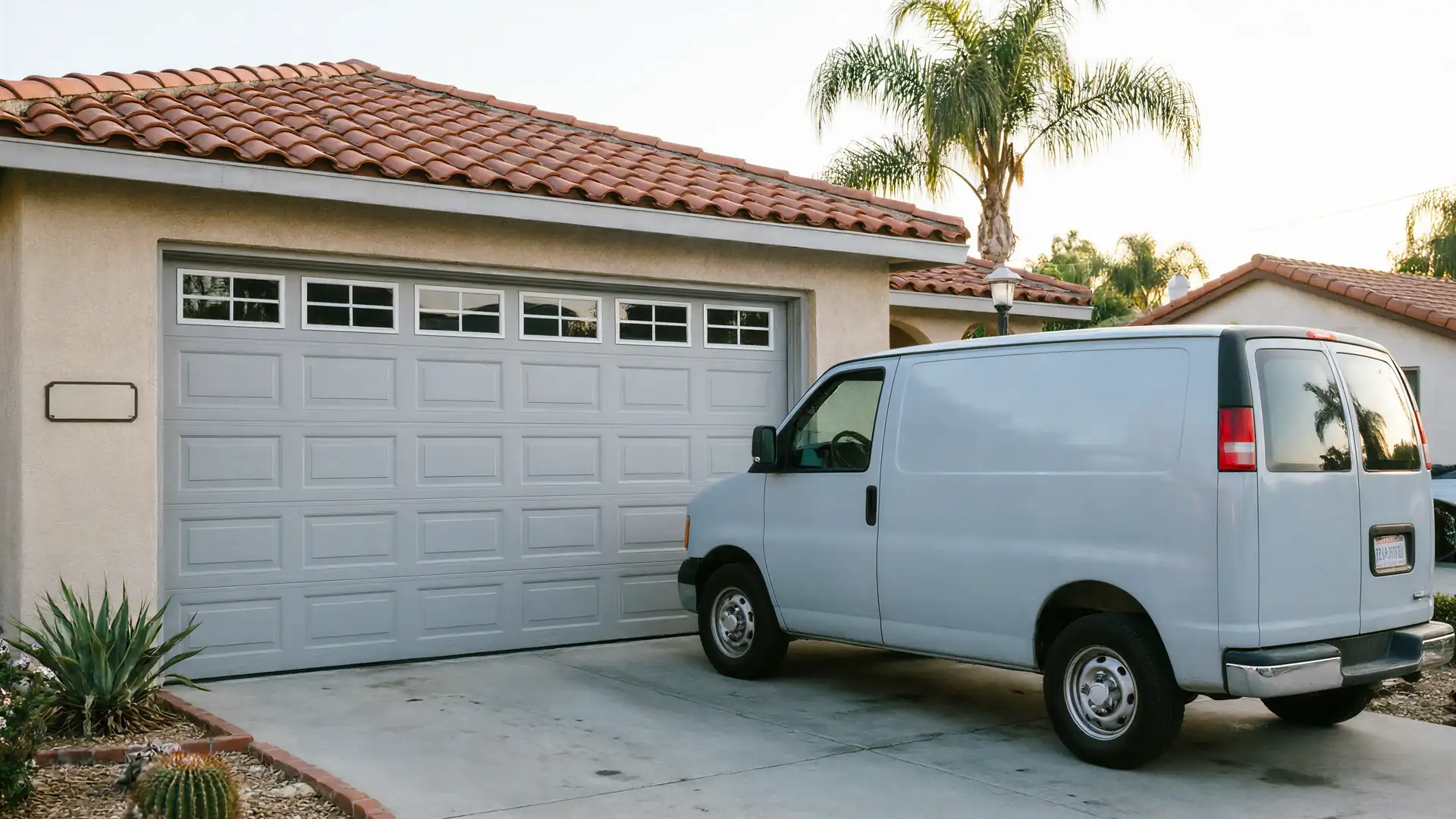 A light gray panel van is parked in a driveway in front of a gray garage door.