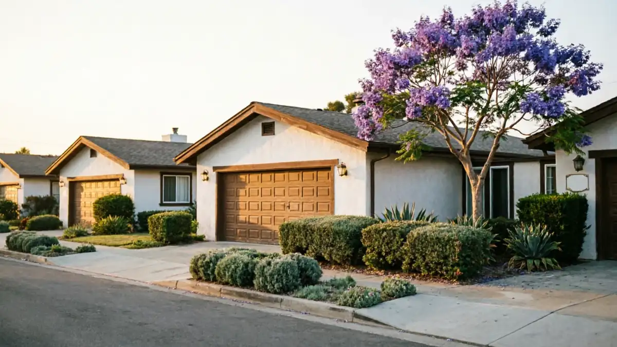 A row of houses with brown garage doors and a purple flowering tree.