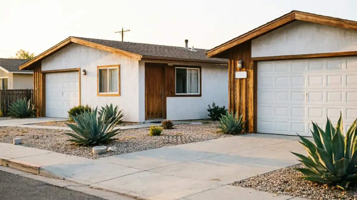 Two white houses with white garage doors and agave plants in front.
