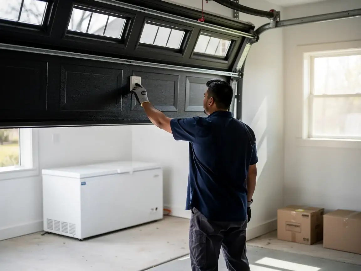 A technician adjusts a black garage door with windows in a white garage.