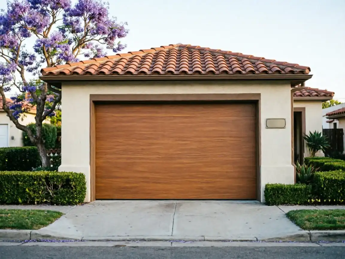 A brown wooden garage door on a stucco house with a tiled roof.