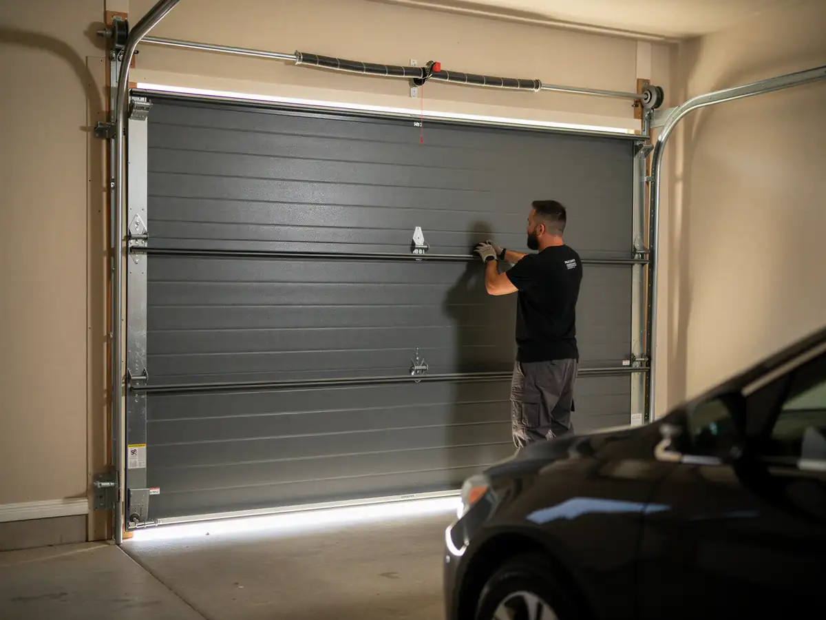 A technician adjusts a gray garage door with a black car in the foreground.