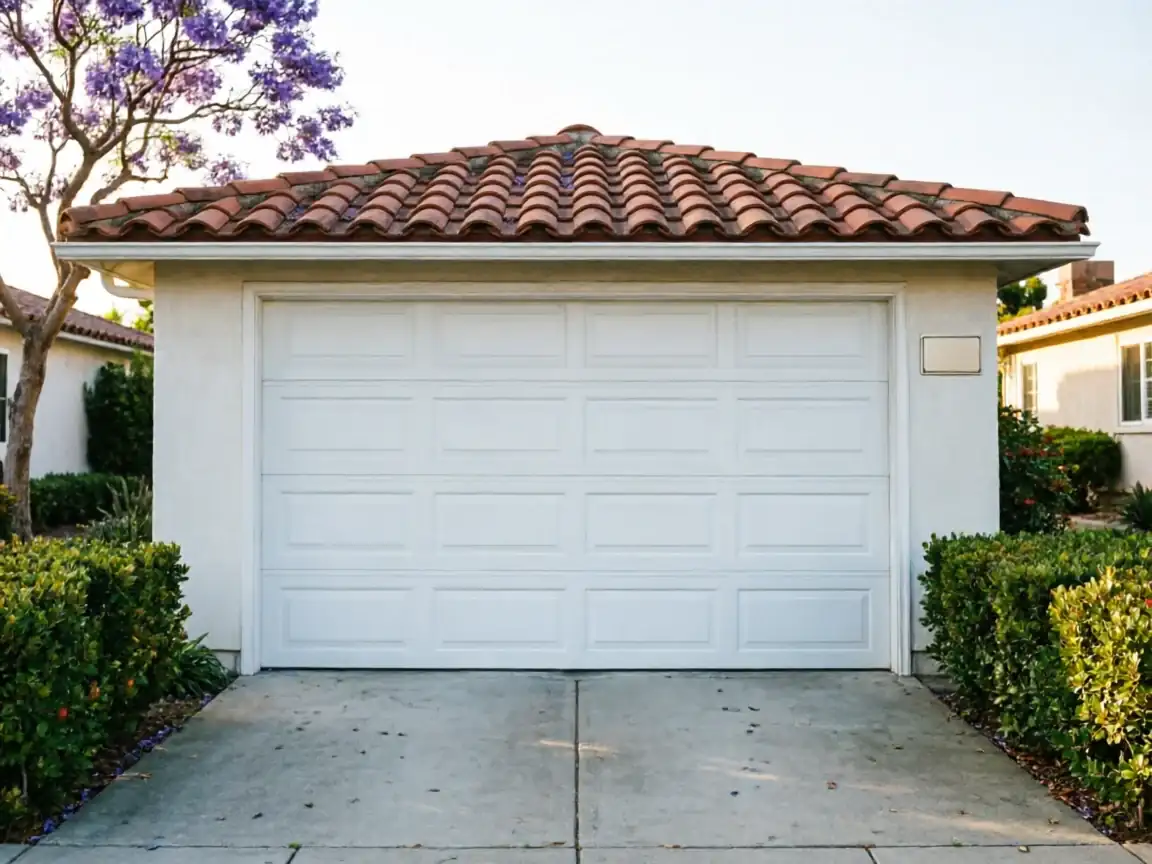 A white garage door with panels is on a stucco garage with a red tile roof.