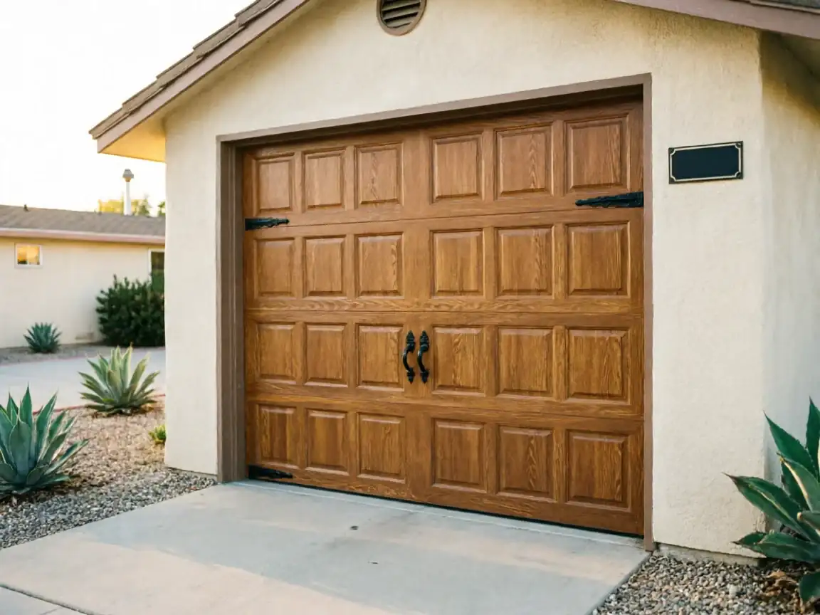 A brown wooden garage door with black decorative hardware on a stucco house.